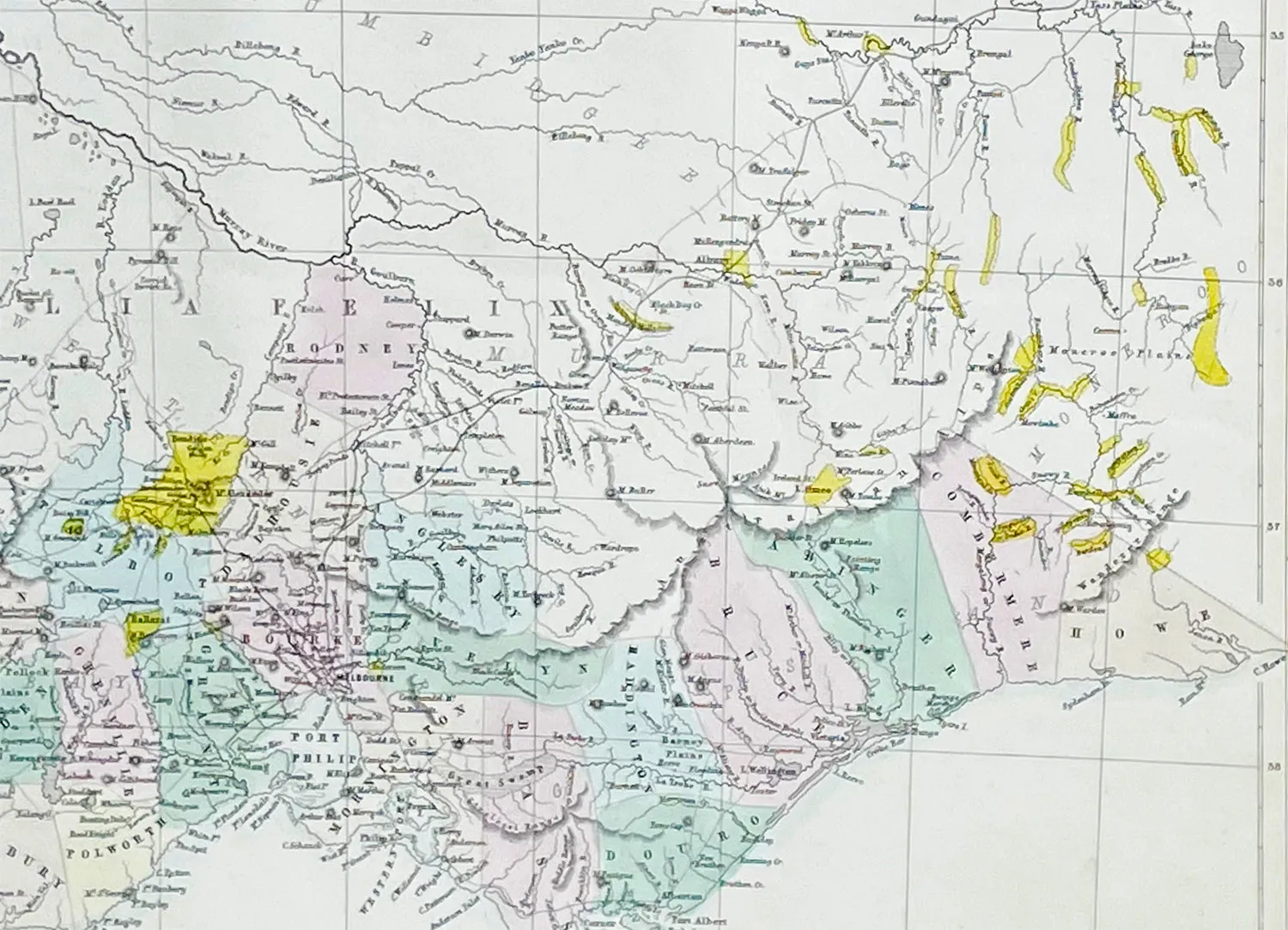 1855 John Bartholomew Large Antique Goldfields Map of Victoria, Australia