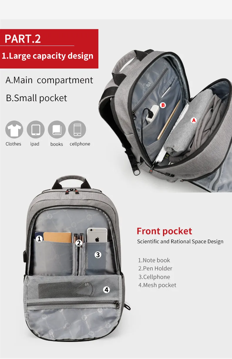 Anti-Theft With USB Charging Backpack For 15.6inch Laptop  - Black grey,Grey