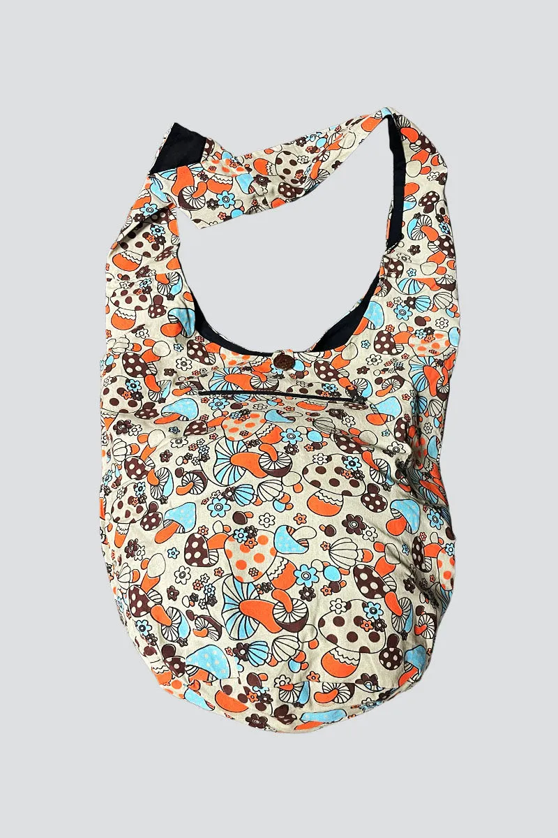 Bag Cotton Shoulder - Light Blue And Orange With Mushrooms!