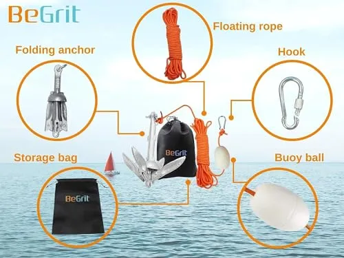 BeGrit Kayak Anchor 1.5lb Small Boat Anchor Folding Marine Anchor for Fishing,Kayak,Paddle Board,Canoe,Jet Ski, with 32.8 ft Anchor Tow Rope Carrying Bag