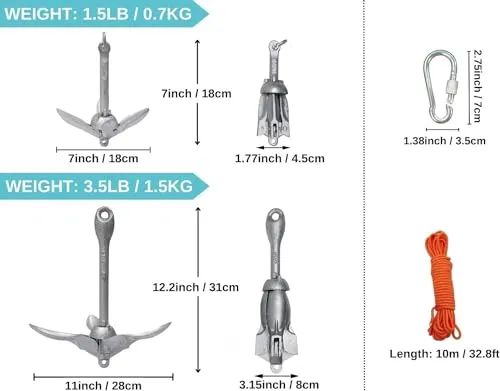 BeGrit Kayak Anchor 1.5lb Small Boat Anchor Folding Marine Anchor for Fishing,Kayak,Paddle Board,Canoe,Jet Ski, with 32.8 ft Anchor Tow Rope Carrying Bag