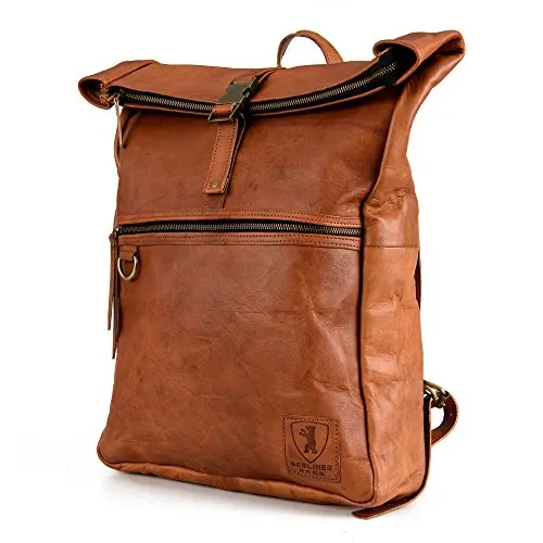 BERLINER BAGS Vintage Leather Backpack Utrecht XL, Large Waterproof Bookbag for Men and Women - Brown