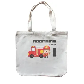 Birthday Firefighter Girl With Firetruck Addname Turns 1 Canvas Bag