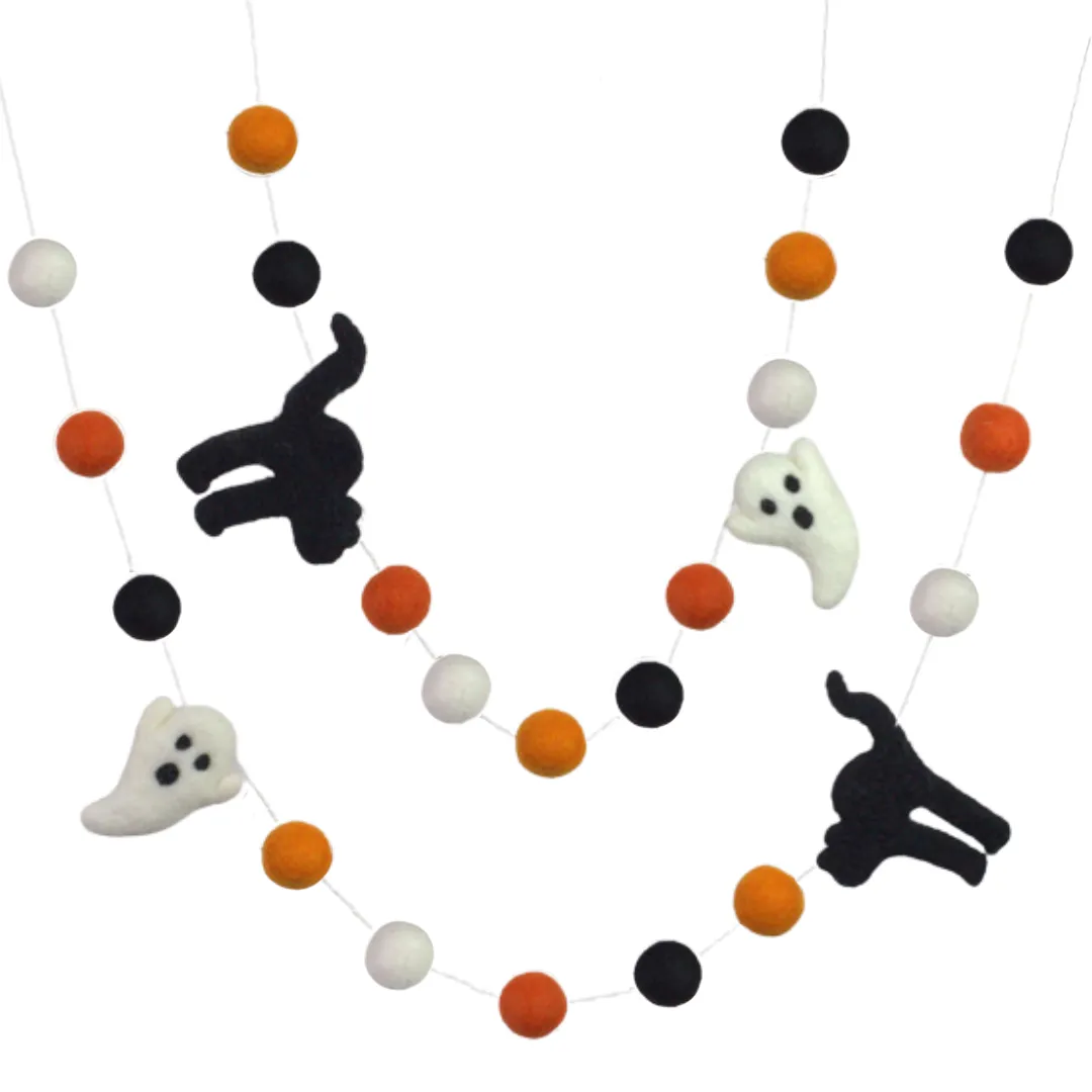 Black Cat & Ghost Halloween Garland- Orange, Black & White