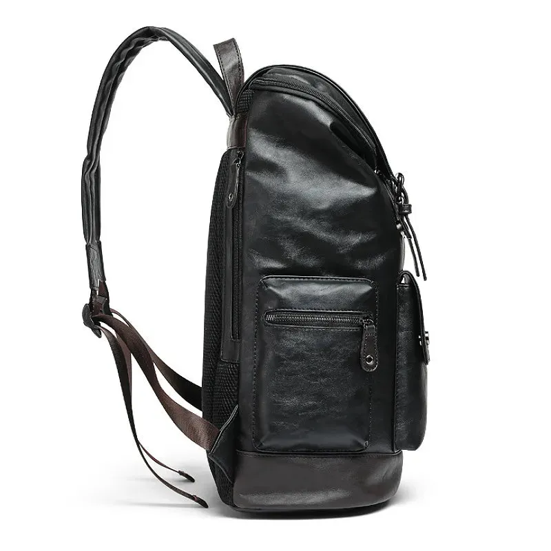 Black Pu Leather Cool Backpack For Men's MCBJCS38 Large Anti-theft Travel Laptop School Business Bag