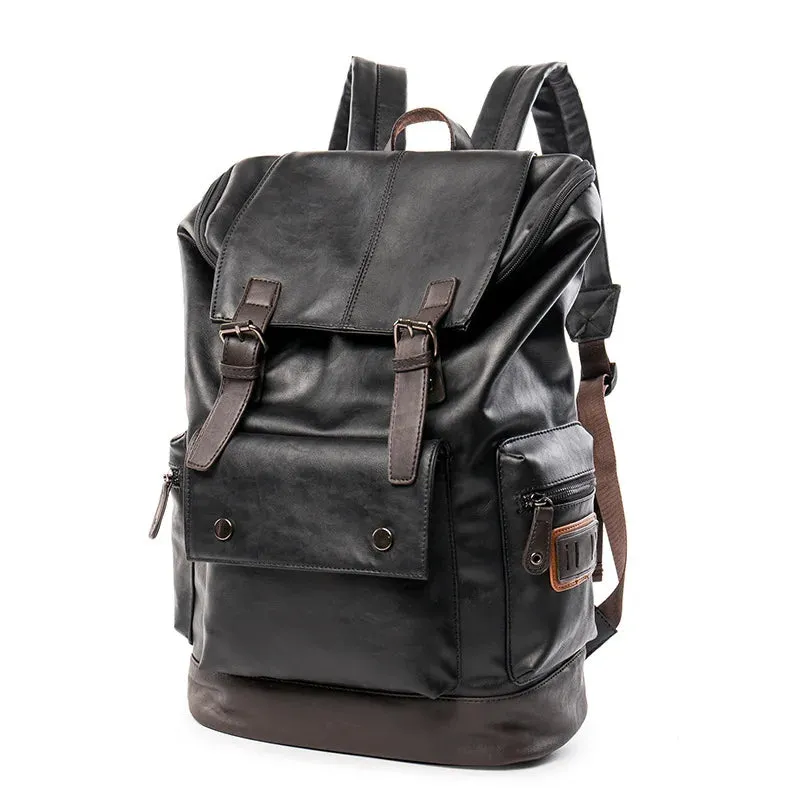 Black Pu Leather Cool Backpack For Men's MCBJCS38 Large Anti-theft Travel Laptop School Business Bag