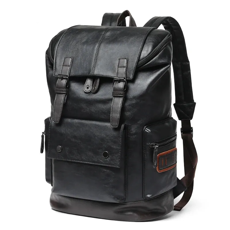 Black Pu Leather Cool Backpack For Men's MCBJCS38 Large Anti-theft Travel Laptop School Business Bag