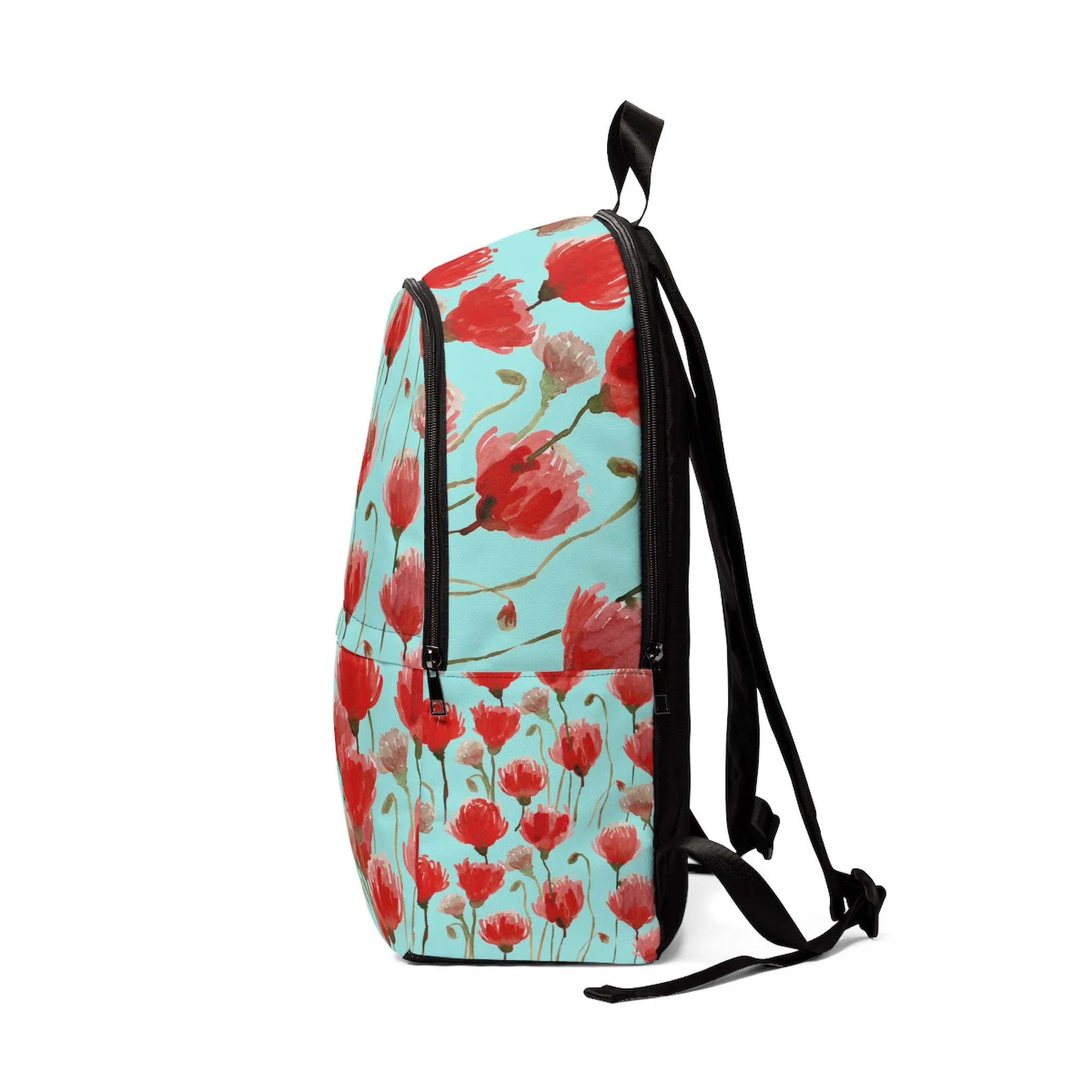 Blue Red Poppy Flower Backpack, Floral Print Soft Nylon Travel School Bag w/ Laptop Slot