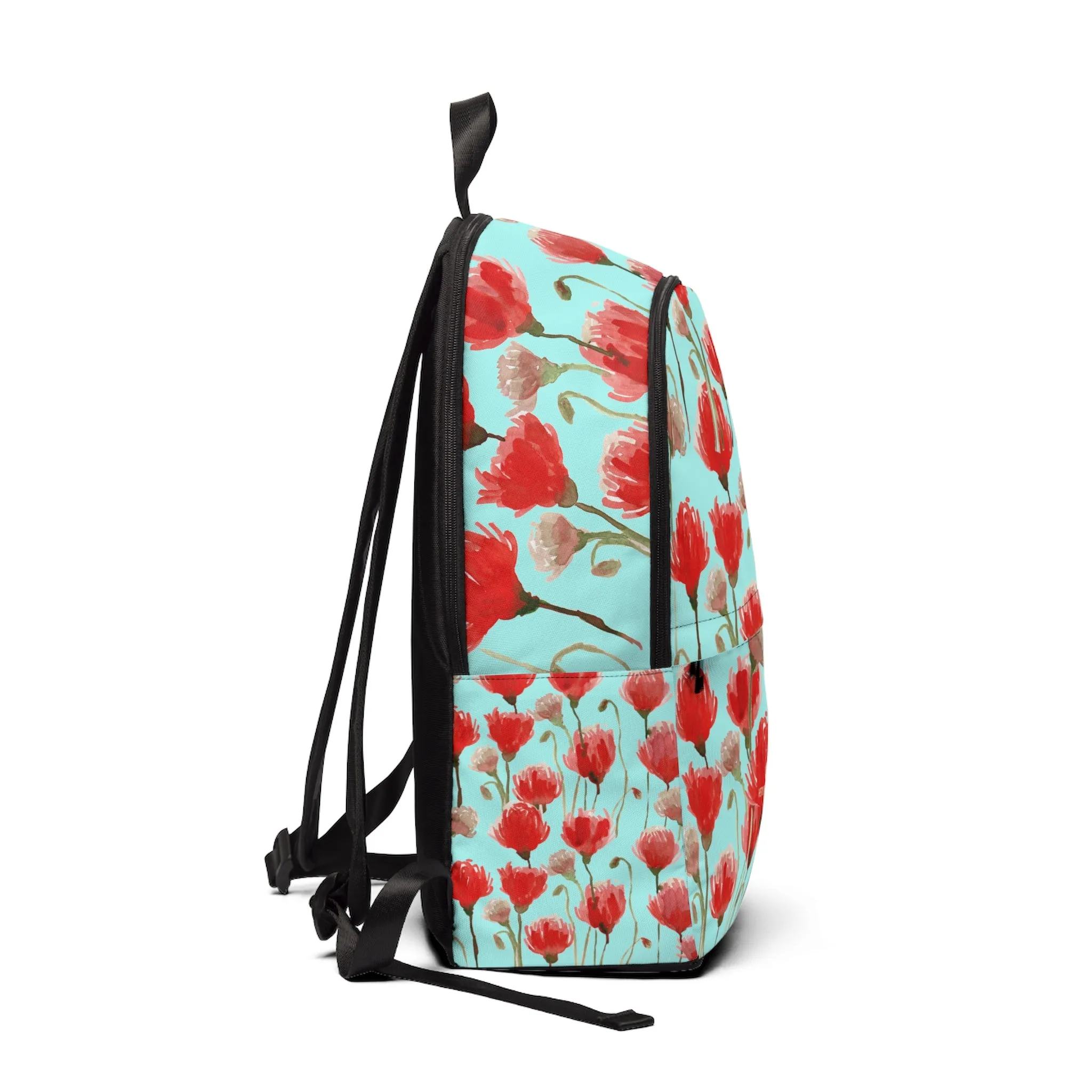 Blue Red Poppy Flower Backpack, Floral Print Soft Nylon Travel School Bag w/ Laptop Slot