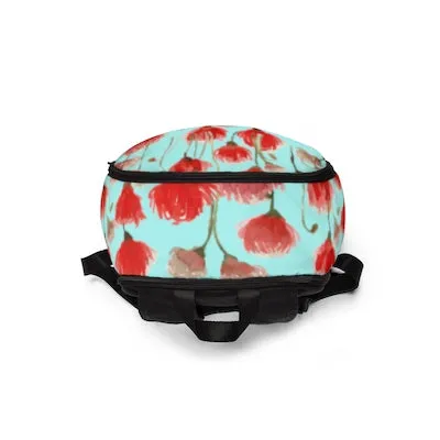 Blue Red Poppy Flower Backpack, Floral Print Soft Nylon Travel School Bag w/ Laptop Slot