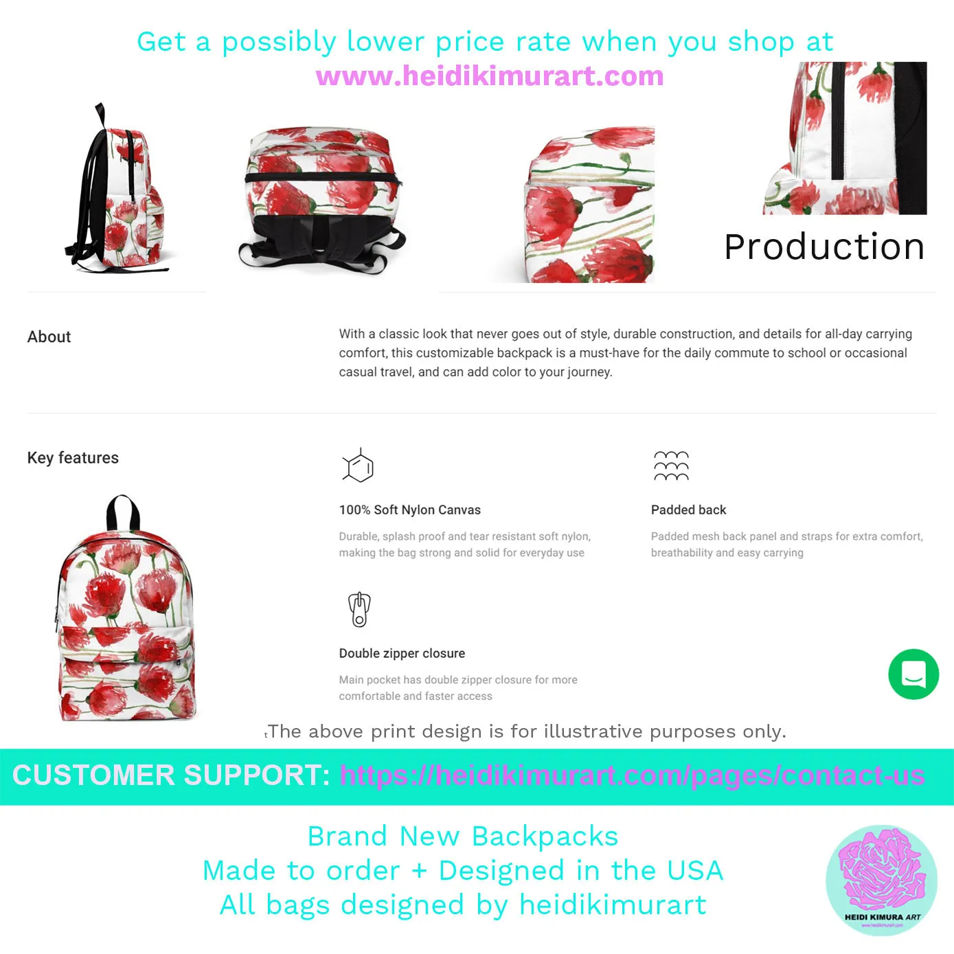 Blue Red Poppy Flower Backpack, Floral Print Soft Nylon Travel School Bag w/ Laptop Slot