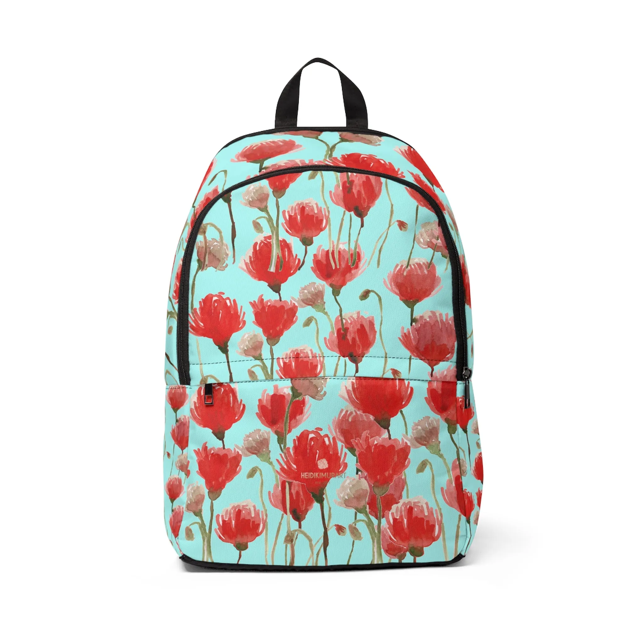 Blue Red Poppy Flower Backpack, Floral Print Soft Nylon Travel School Bag w/ Laptop Slot