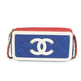 Blue White Red Quilted Caviar Double Zip Filigree Clutch