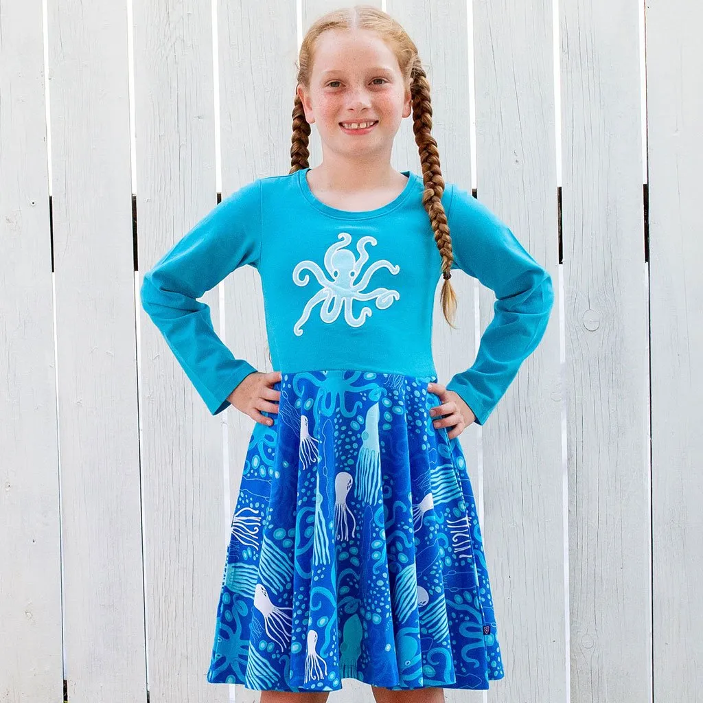 Cephalopods Super Twirler Dress with Pockets and Long Sleeves