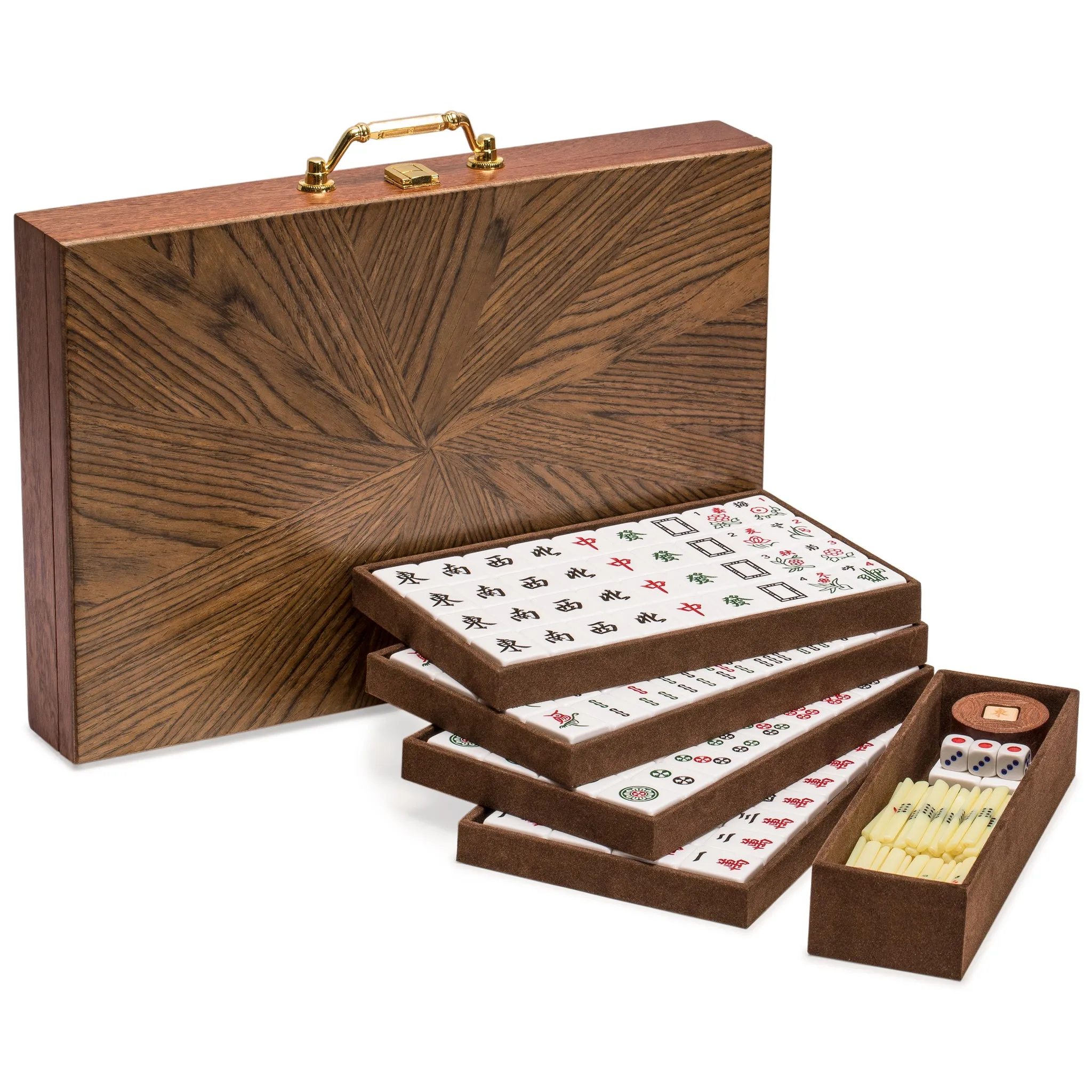 Chinese Mahjong, "Elvis Gold" with Wooden Case - Set of Betting Sticks, Wooden Spinner & Dice