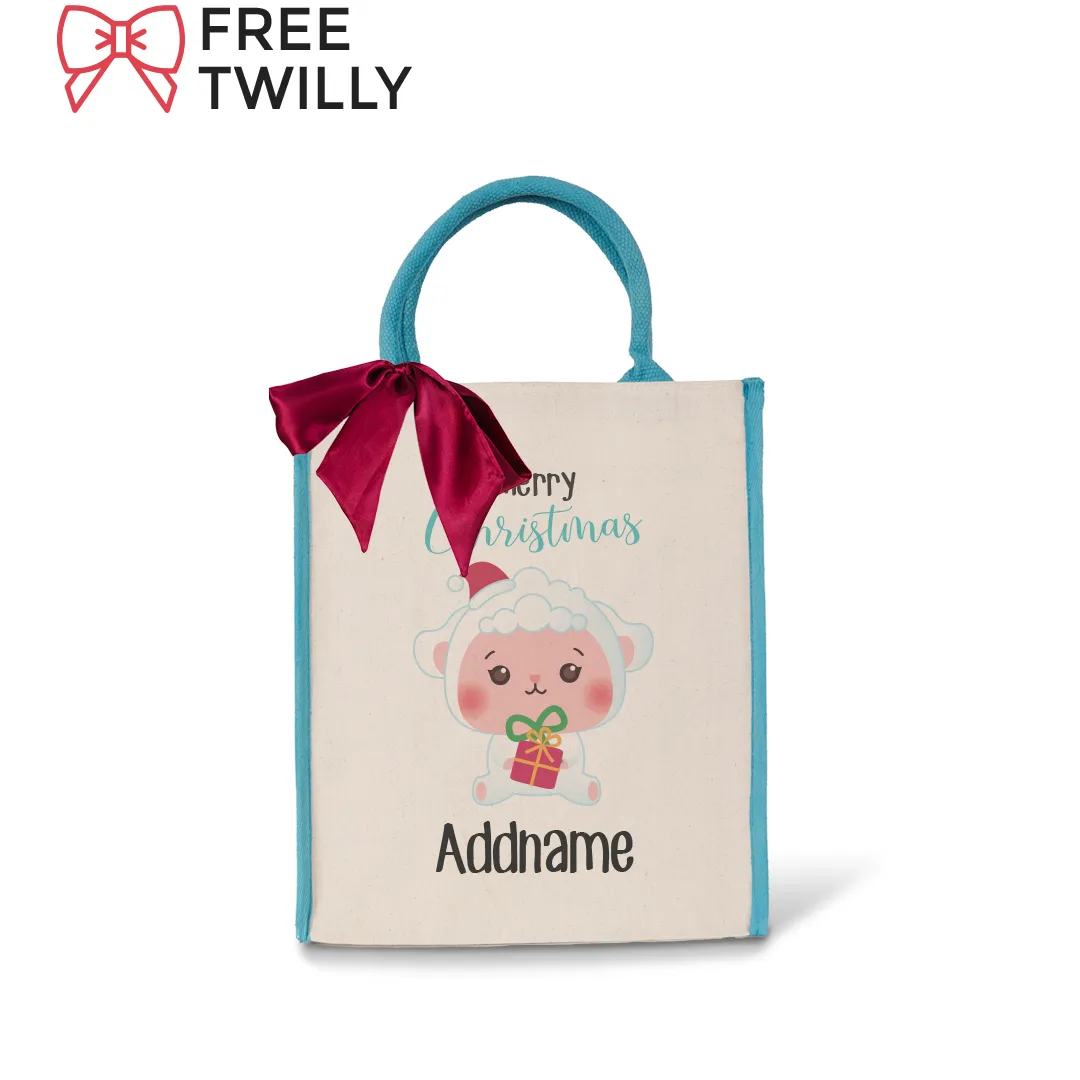 Christmas Cute Animal Series Merry Christmas Sheep Blue Colour Lining Canvas Bag