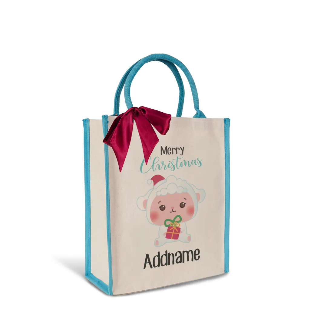 Christmas Cute Animal Series Merry Christmas Sheep Blue Colour Lining Canvas Bag