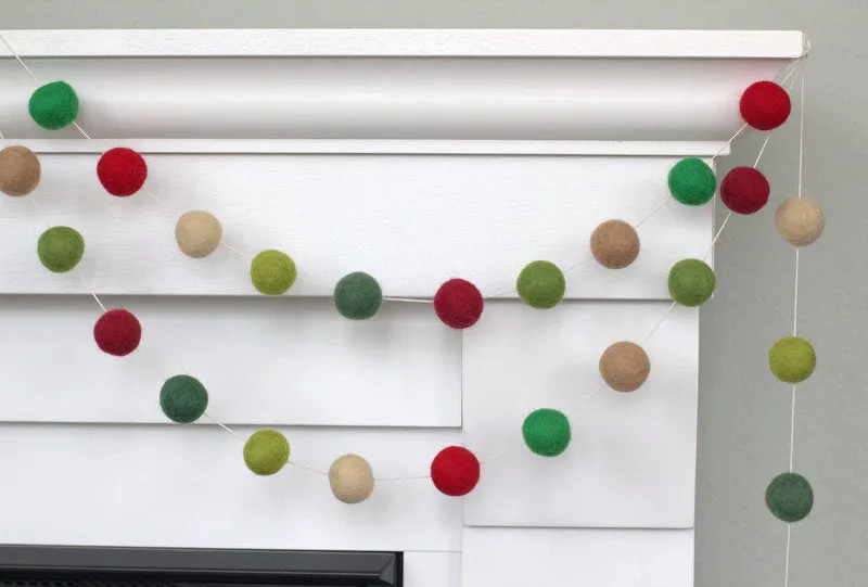 Christmas Felt Ball Garland- Shades of Green, Red, Tan