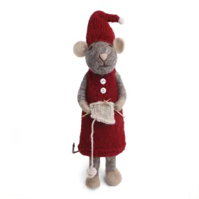 Christmas Figurine - Winter Mouse Knitting (Grey) - Extra Large