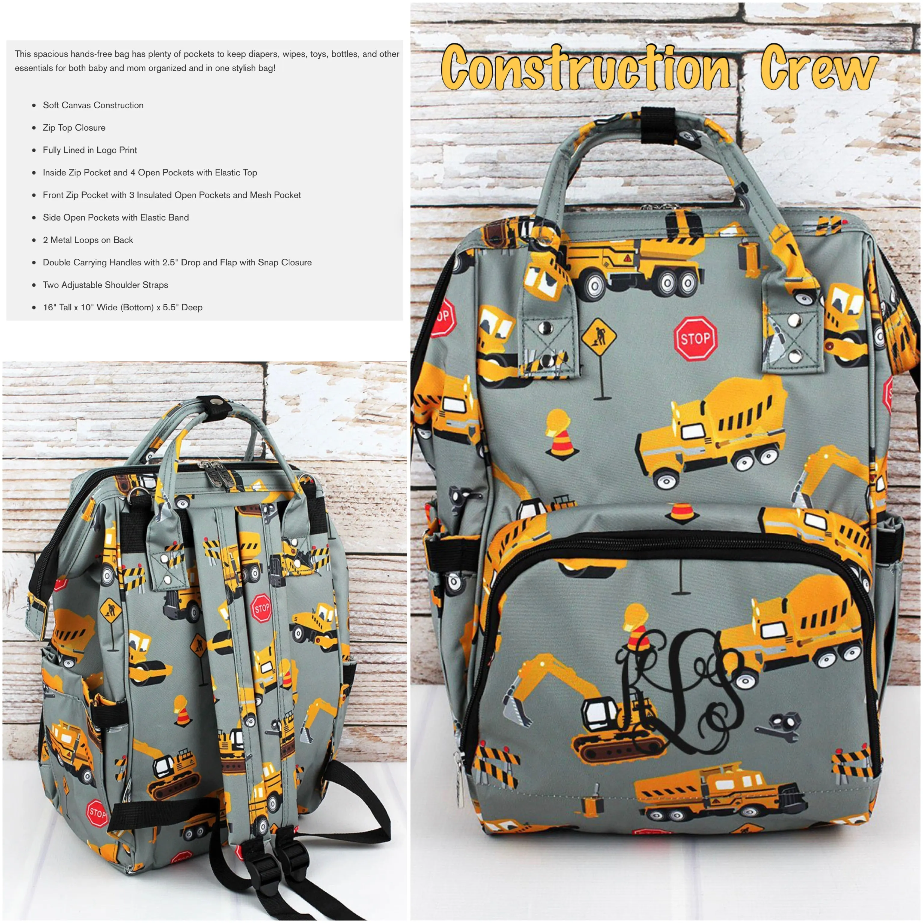 Construction Trucks Diaper Bag Back Pack NGIL Brand ( High Quality Canvas)