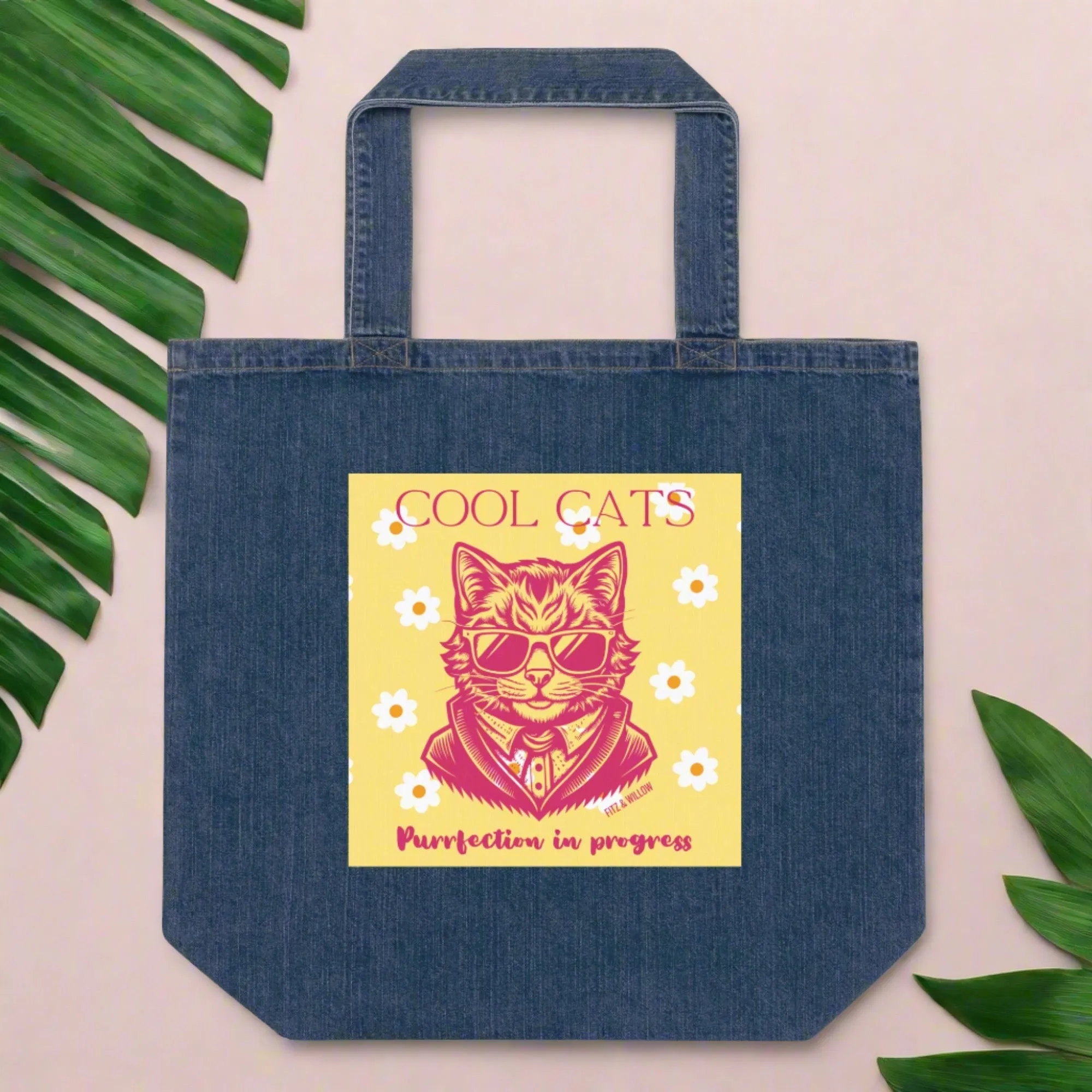 Cool Cats, Sustainable denim tote bag with cool cat print