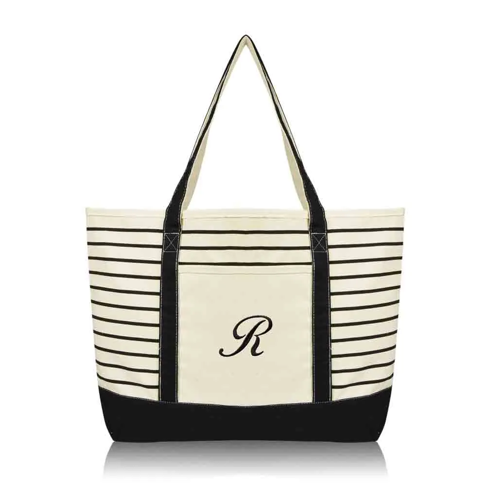 Dalix Striped R-Initial Tote Bag Womens Ballent Letter R