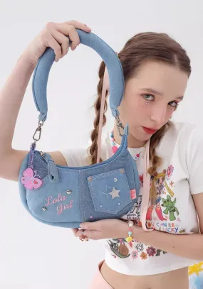 Denim Butterfly Pendant Underarm Messenger Bag