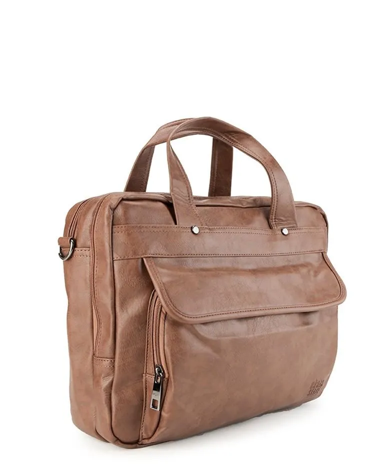 Distressed Leather Laptop Tote Bag - Camel