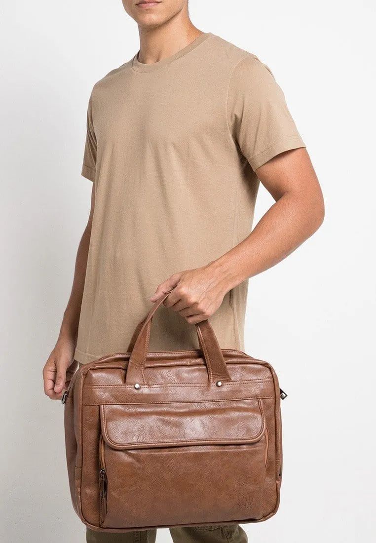 Distressed Leather Laptop Tote Bag - Camel