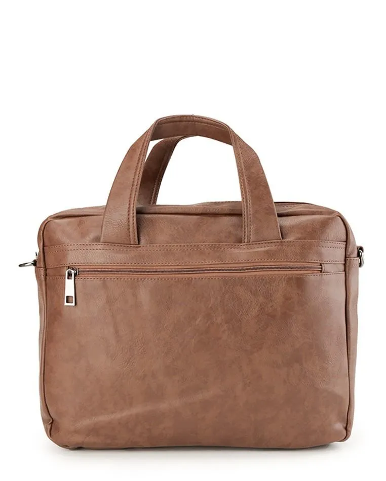 Distressed Leather Laptop Tote Bag - Camel