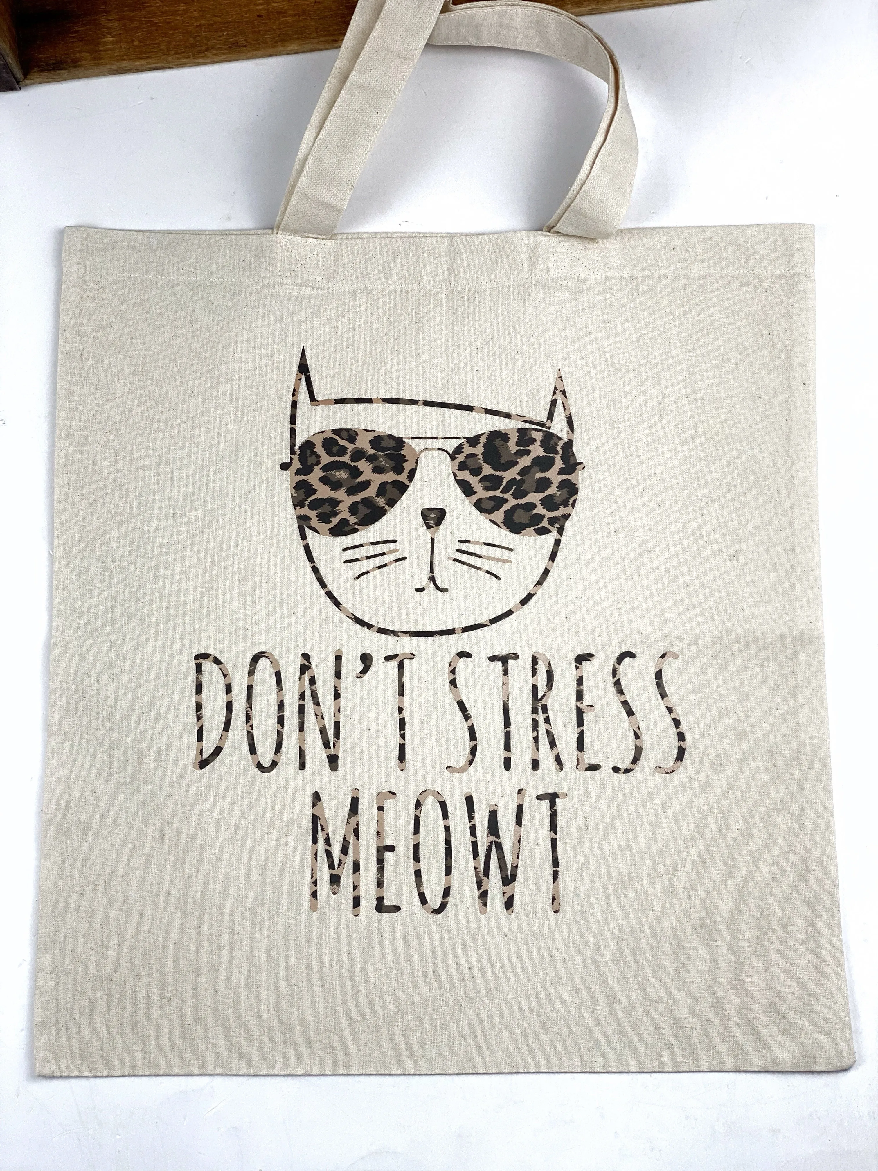 Don’t Stress Meowt Cool Cat Cotton Tote Bag, Lightweight Thin Natural Cotton Tote Bag, Reusable Tote Bag, Vinyl Cat Tote, Farmers Market Bag