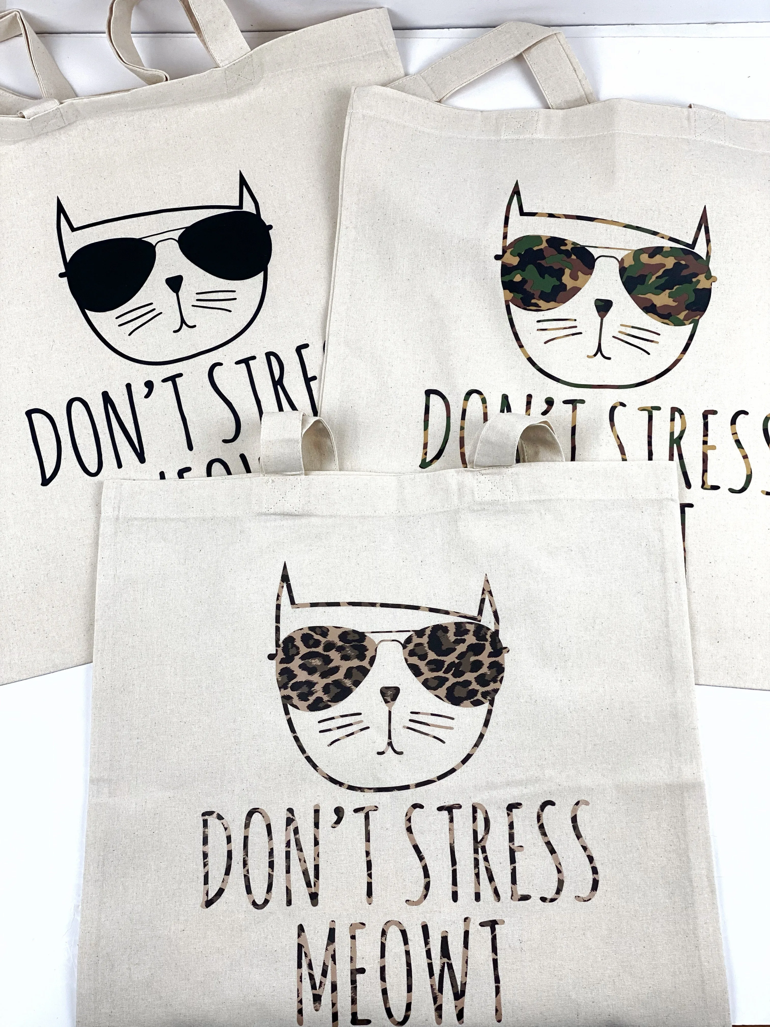 Don’t Stress Meowt Cool Cat Cotton Tote Bag, Lightweight Thin Natural Cotton Tote Bag, Reusable Tote Bag, Vinyl Cat Tote, Farmers Market Bag