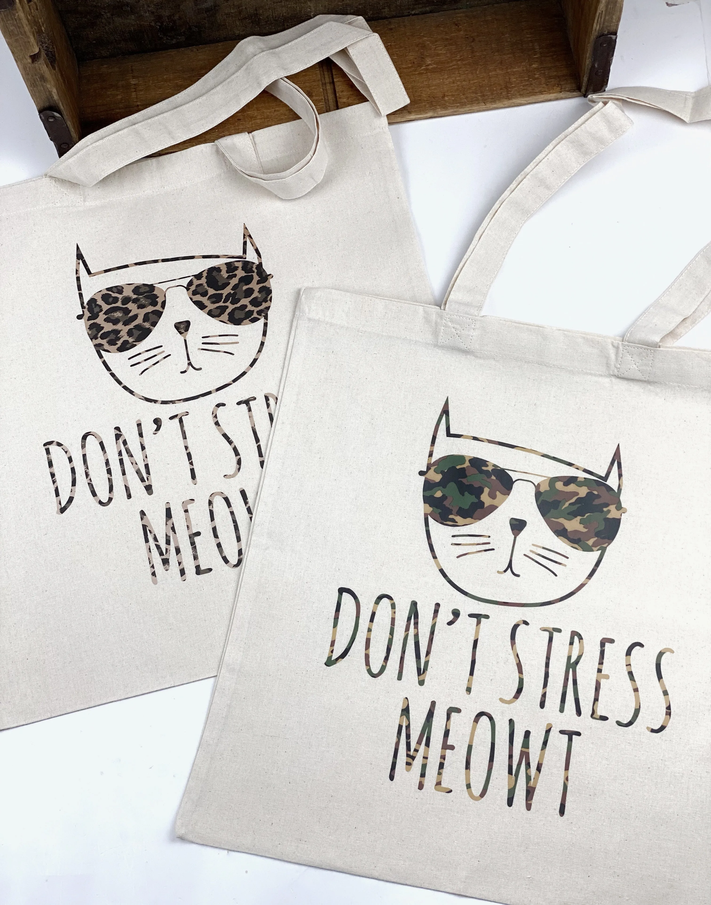 Don’t Stress Meowt Cool Cat Cotton Tote Bag, Lightweight Thin Natural Cotton Tote Bag, Reusable Tote Bag, Vinyl Cat Tote, Farmers Market Bag