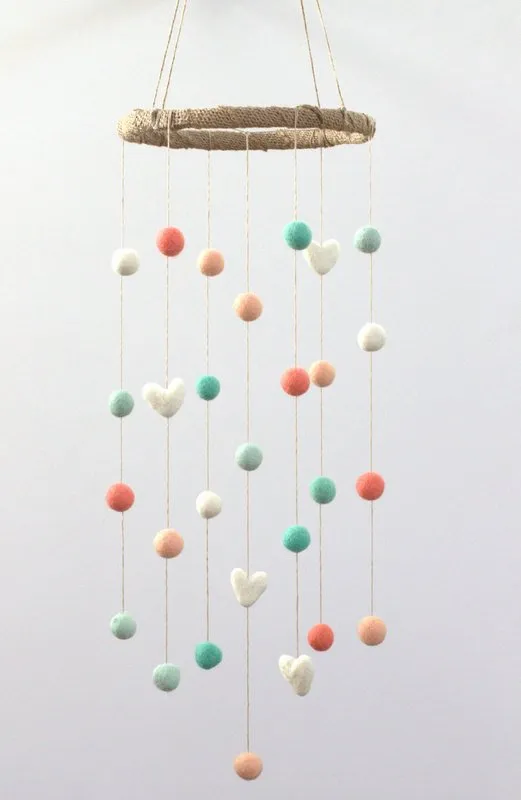 Felt Ball & Heart Nursery Mobile- Coral, Peach, Aqua- SMALL