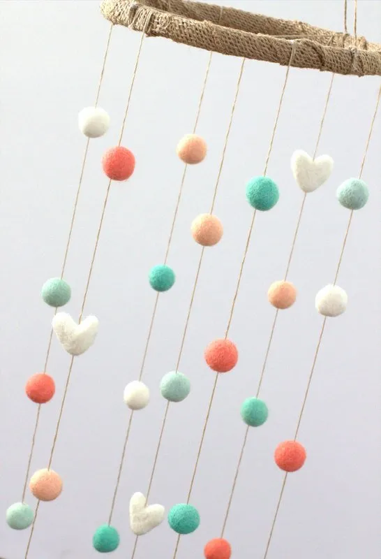 Felt Ball & Heart Nursery Mobile- Coral, Peach, Aqua- SMALL