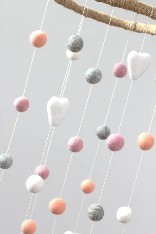 Felt Ball & Heart Nursery Mobile- Peach, Pink, Gray, White- SMALL