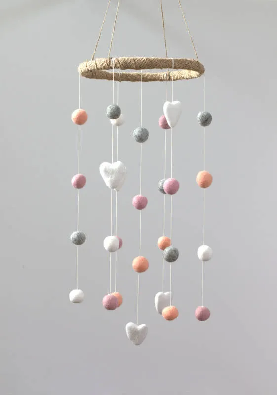 Felt Ball & Heart Nursery Mobile- Peach, Pink, Gray, White- SMALL