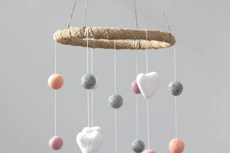 Felt Ball & Heart Nursery Mobile- Peach, Pink, Gray, White- SMALL