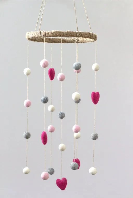 Felt Ball & Heart Nursery Mobile- Pink, Gray, White- SMALL