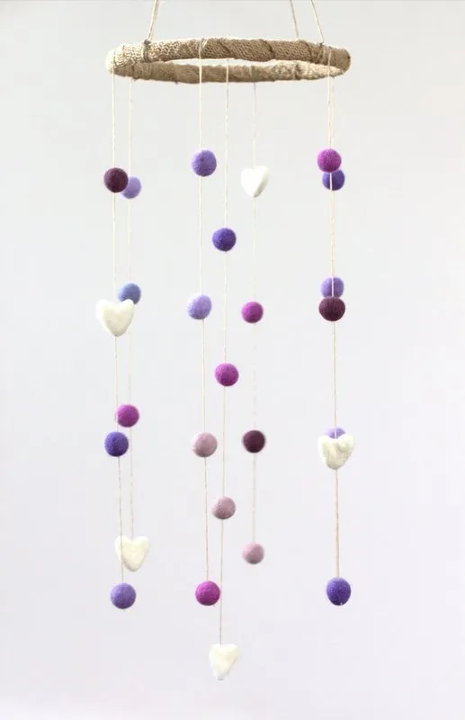 Felt Ball & Heart Nursery Mobile- Shades of Purple- SMALL