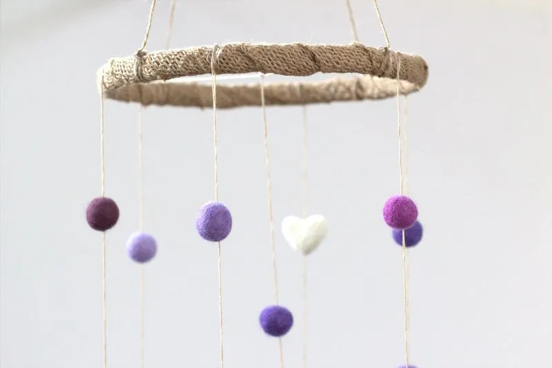 Felt Ball & Heart Nursery Mobile- Shades of Purple- SMALL