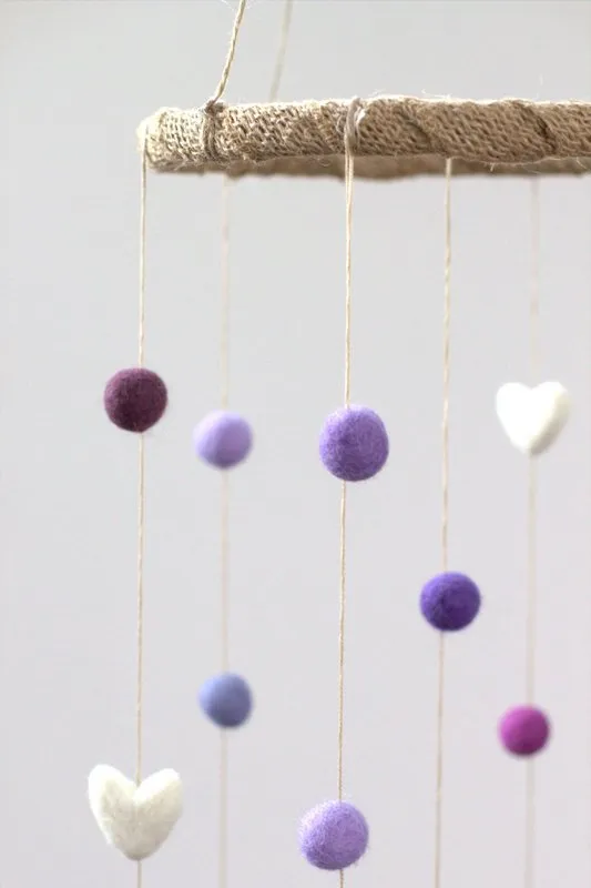 Felt Ball & Heart Nursery Mobile- Shades of Purple- SMALL