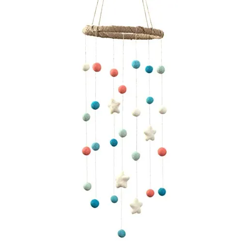 Felt Ball & Star Nursery Mobile- Coral, Turquoise- SMALL