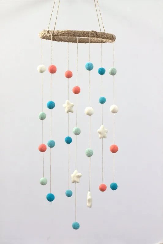 Felt Ball & Star Nursery Mobile- Coral, Turquoise- SMALL