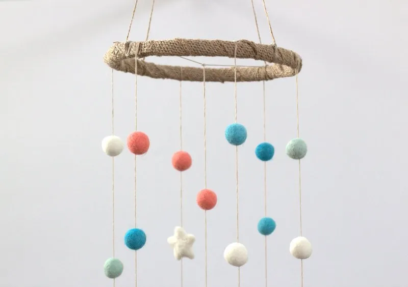 Felt Ball & Star Nursery Mobile- Coral, Turquoise- SMALL