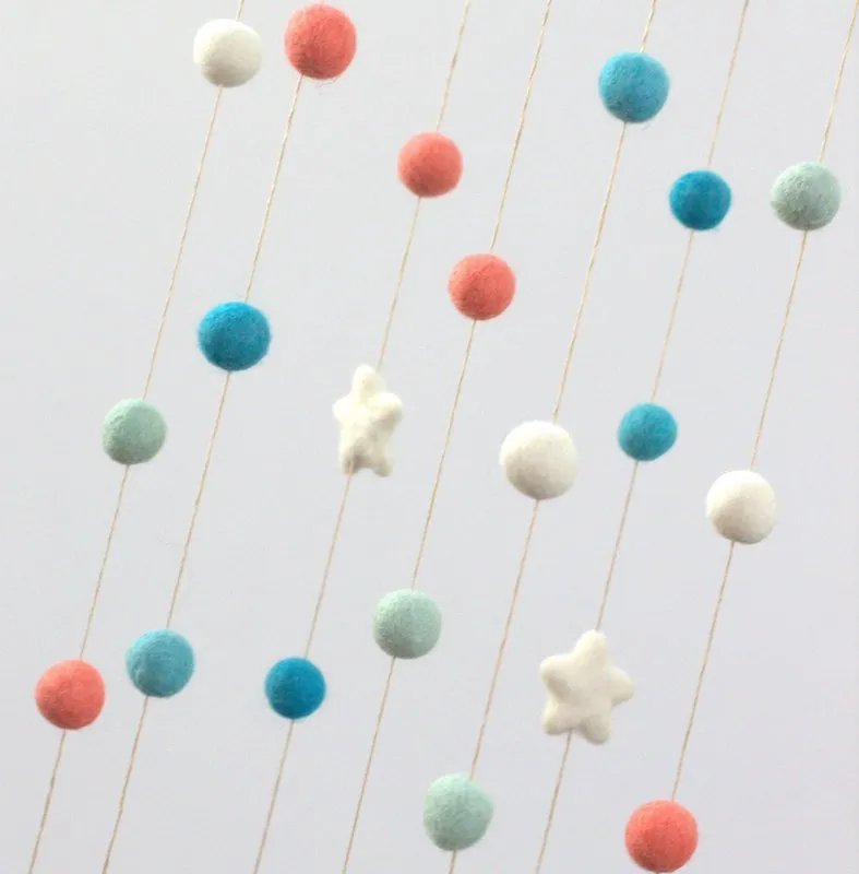 Felt Ball & Star Nursery Mobile- Coral, Turquoise- SMALL