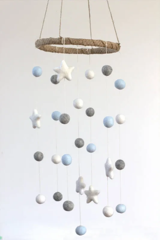 Felt Ball & Star Nursery Mobile- Ice Blue, Gray- SMALL