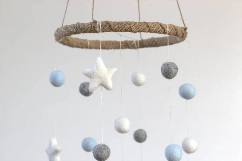 Felt Ball & Star Nursery Mobile- Ice Blue, Gray- SMALL