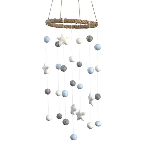 Felt Ball & Star Nursery Mobile- Ice Blue, Gray- SMALL