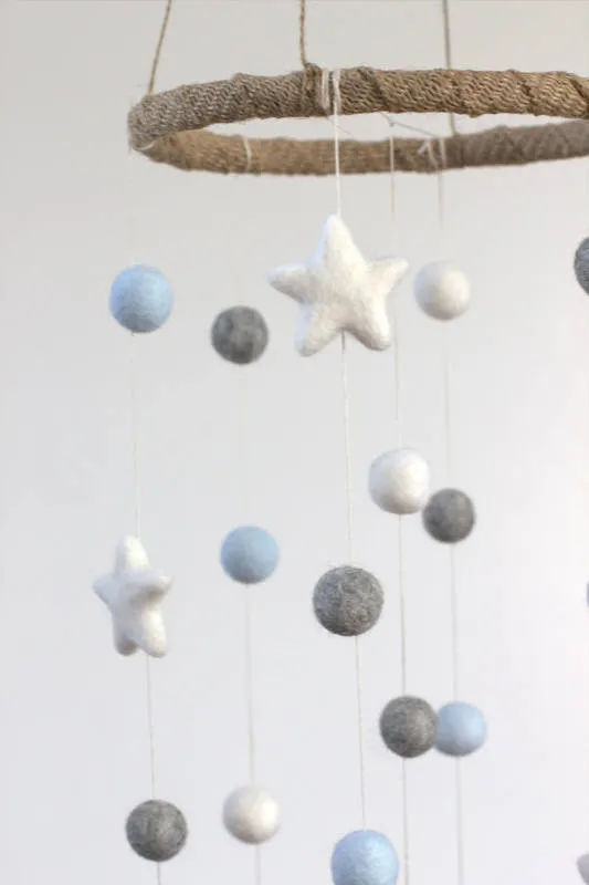 Felt Ball & Star Nursery Mobile- Ice Blue, Gray- SMALL